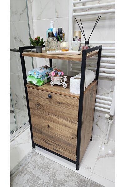 Lidya Luxury Concept Banyo Düzenleyici Mobilya Raflı Kirli Çamaşır Sepeti Organizeri Metal Ahşap Kahverengi 100x50x40 cm