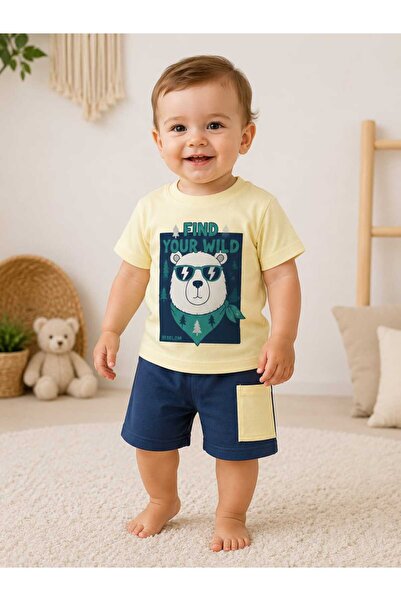 krm kerem bebe Baby Boy Find Your Wild Teddy Bear Printed Cotton Top and Bott...