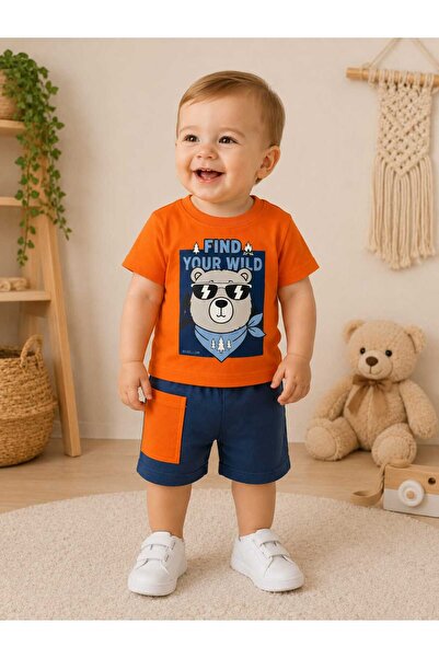 krm kerem bebe Baby Boy Find Your Wild Teddy Bear Printed Cotton Top and Bott...