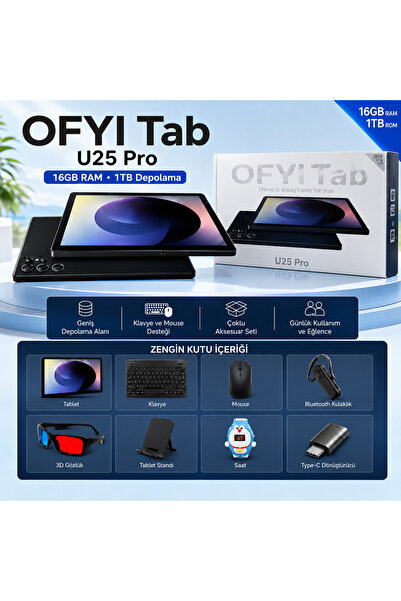 OFYI Tab U25 Pro 10.1” Tablet 16GB RAM 1TB Depolama Klavyeli Mouse Gözlük Saa...