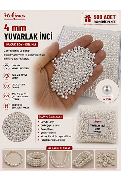 Hobimos 500 Adet 4 mm Küçük Beyaz İnci Boncuk - 4 mm Küçük Beyaz Plastik İnci...