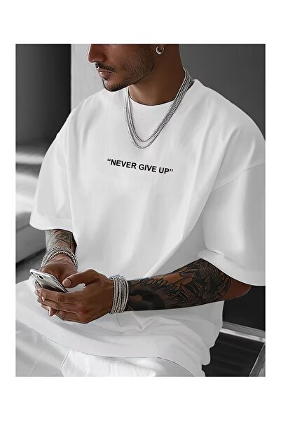 ZİYMO Men's Never Give up Printed Oversized T-Shirt