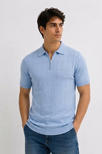 Maccali Men's Regular Fit Striped Knitwear Blue Polo Neck T-Shirt