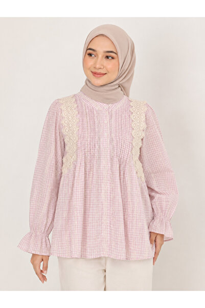 LAYARA COUTURE Gingham Lace Pintuck Blouse Loose Fit, Free size (Fits up to s...