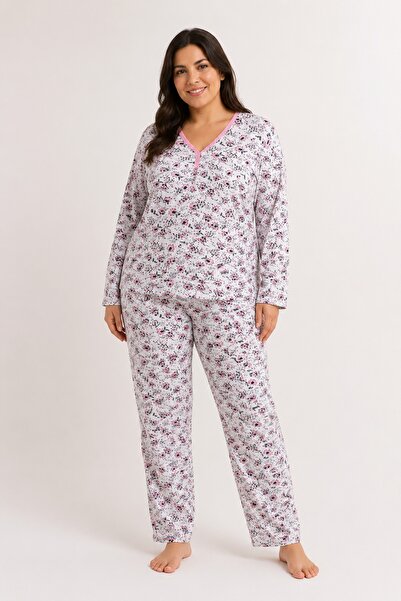 CottonVia Mother's Pajama Set, Ribbed, V-Neck, Long Sleeve, 100% Combed Cotto...