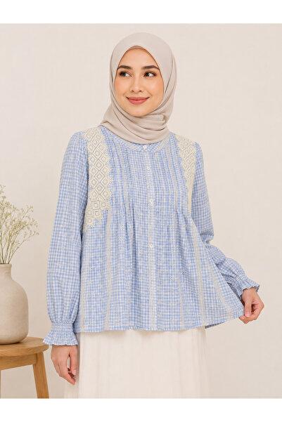 LAYARA COUTURE Gingham Lace Pintuck Blouse Loose Fit, Free size (Fits up to s...