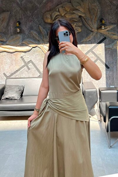 sunfyre Women's Tencel Fabric Khaki Waist Shawl Detailed Midi Length Dress Su...