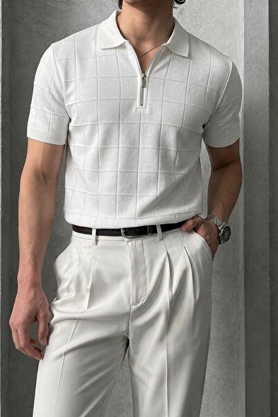 Maccali Men's Striped Relax Fit Knitwear White Polo Neck t Shirt
