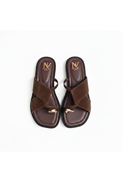 NE&VE SHOES Kahve Süet Aksesuar Detaylı Parmak Arası Kadın Terlik
