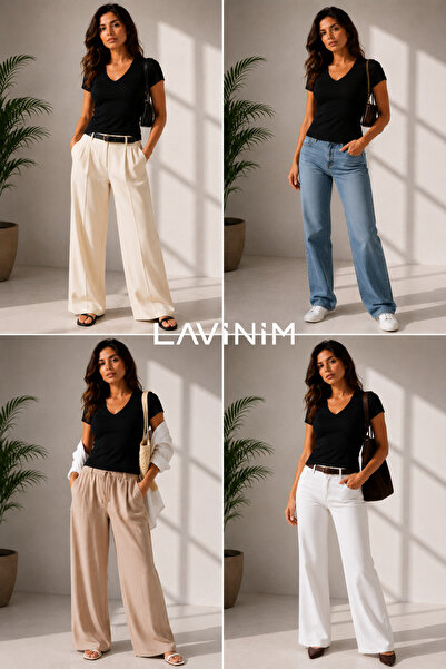 LAVİNİM Kadın V Yaka Ultra Soft Pamuk V Body Slim Tişört