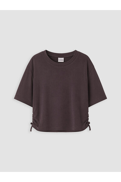 LC Waikiki Plum-Colored Girls' T-Shirt with Gathered Sides