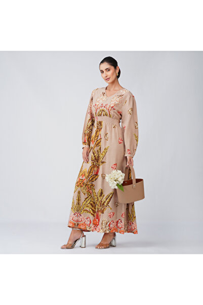 LINELLE Beige Tropical Floral Smocked Maxi Dress
