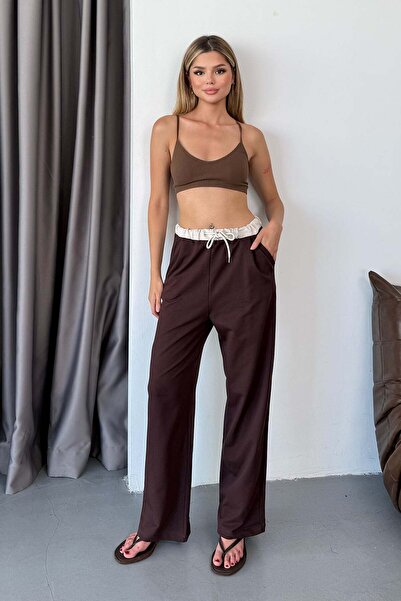JEE LEE Women's Adjustable Waist Double Pocket Wide Leg Sweatpants Brown - 3035