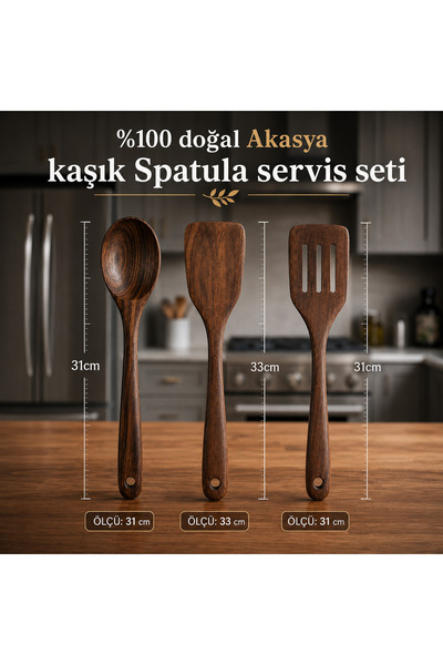 NUHA El yapımı Doğal %100 Akasya kaşık Spatula servis seti