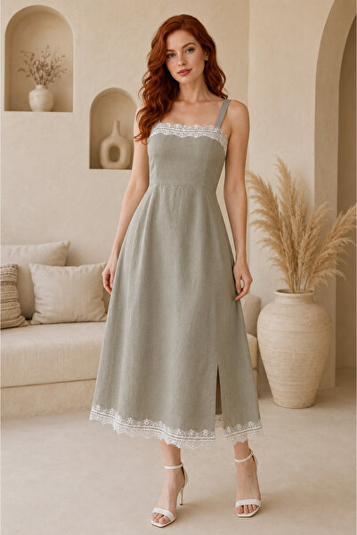 UTDU Women's Gray Lace Detailed Strappy Midi Dress