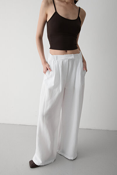 My Blog White 100% Cotton Wide-Legged Trousers with Side Buttons - 2Y3508
