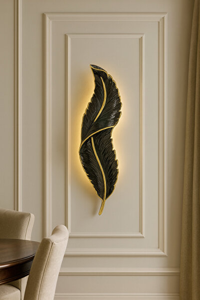 ASZEN Siyah Gold Damarlı Kuş Tüyü Dekoratif Duvar Apliği 62x18 cm Elektrikli ...