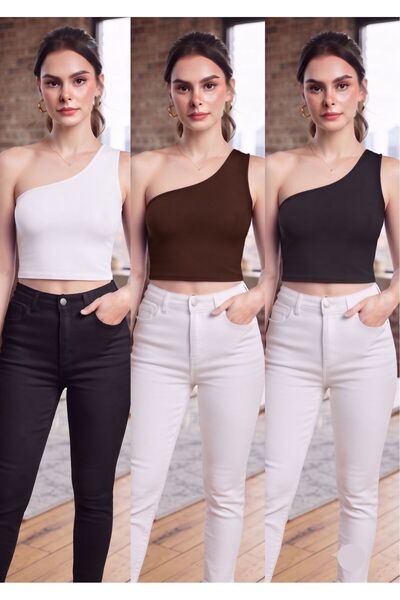 WAYS Women's Black-Brown-Ecru One-Shoulder Diver Bustier Crop Top Flexible an...