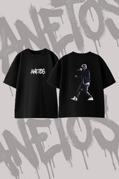 Anetos Eminem_18 Design Printed Oversize Crew Neck T-Shirt Black