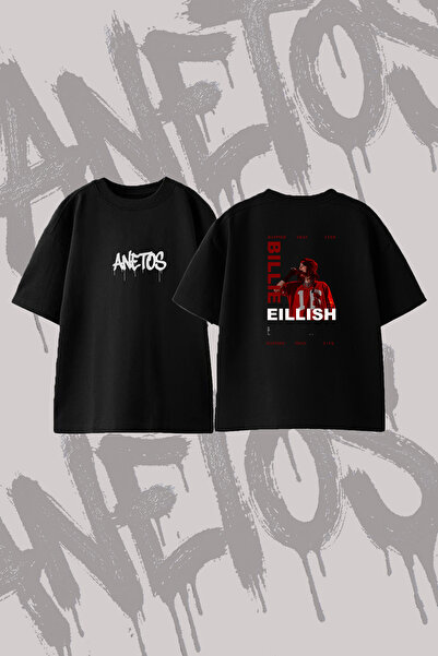 Anetos Billie Eilish_31 Dizajn T-shirt majica sa širokim izrezom i printom, crna