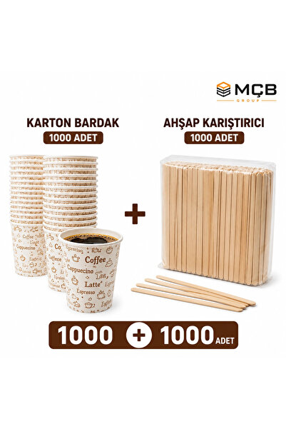 Mçb Group 1000 Adet Karton Bardak + 1000 Adet Ahşap Karıştırıcı Seti | Tek Kullanımlık Çay Kahve Bardağı ve Ka