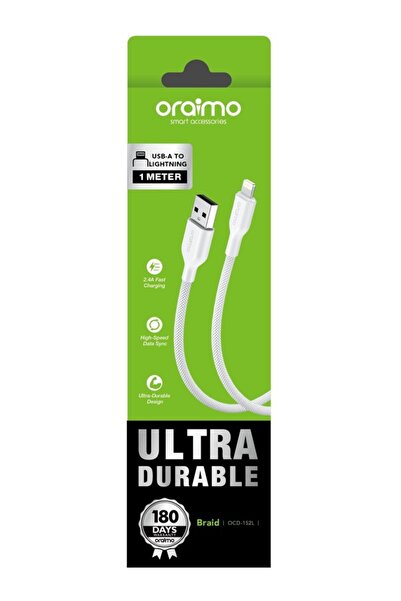 oraimo 2.4A USB A to Lightning 1m Cable- Braid - White