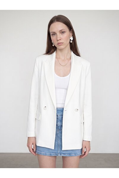 Dilvin 60812 Saten Blazer Ceket-Beyaz