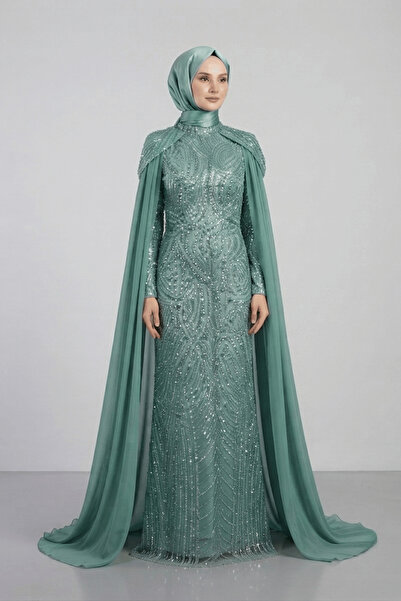 giyimmasalı Full Beaded Fabric Sleeves Hijab Dress with Siphon Detail - Mint ...