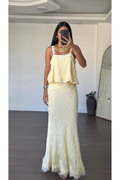 Olbia Women's Lace Detailed Draped Strap Blouse Pencil Skirt Set Yellow