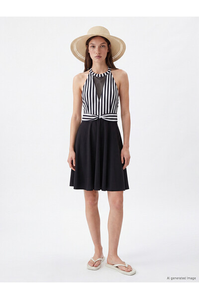 LC Waikiki Peak New Season Halter Neck Striped Women's Skirted Swimsuit