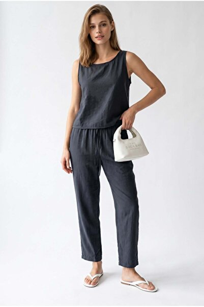 Mixray 2152 Women's Crew Neck Blouse with Elastic Waist Pants Set Smoked