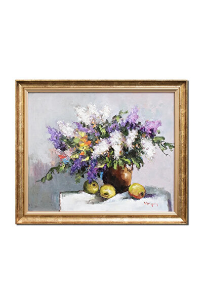 artnova Tablou vaza cu liliac si fructe pictat manual inramat, 70x60cm ulei p...