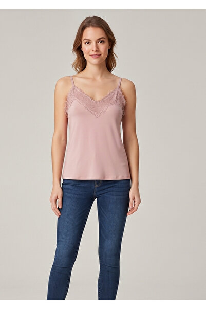 gökçesu Women's Lace Detailed, Thin Strap V-Neck Satin Look Stylish Blouse / ...