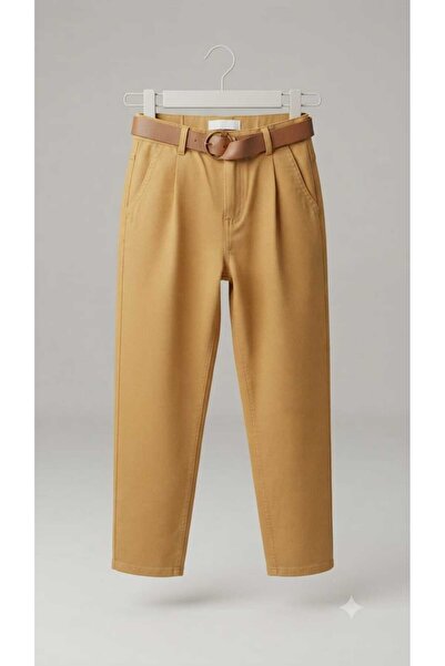 Sublime Butik Women's Trousers with Elastic Waistband and Light Brown Belt Ac...