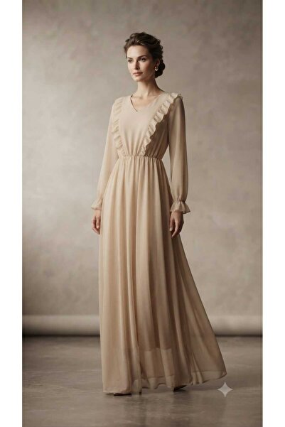 Sublime Butik Beige Tulle Dress with Lining, Suitable for Wearing with Islami...