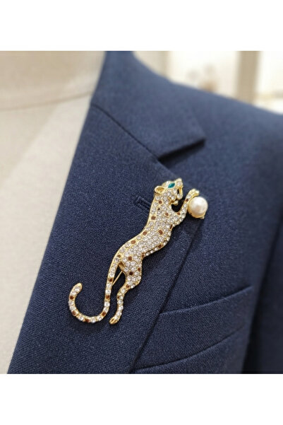 modamira Gold Leopar Figürlü Kristal Taşlı Kahverengi Mine Detaylı İncili Lük...