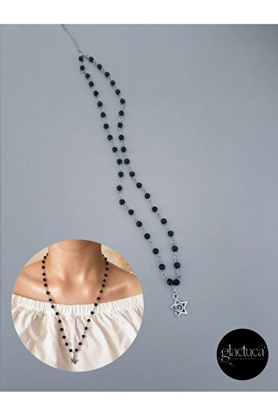 glactuca craft Spiral Star Pendant Long Black Pearl Necklace Y2K |   60+10 cm...