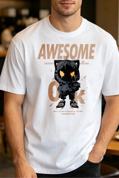 Fleck Casual Style T Shirts For Men Awesome Cat Character With Future Dream T...