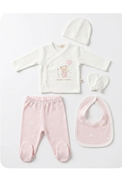 AKİ MODA KİDS Mammy & Daddy Teddy Bear Printed 5-Piece Newborn Hospital Discharge Set – Pink
