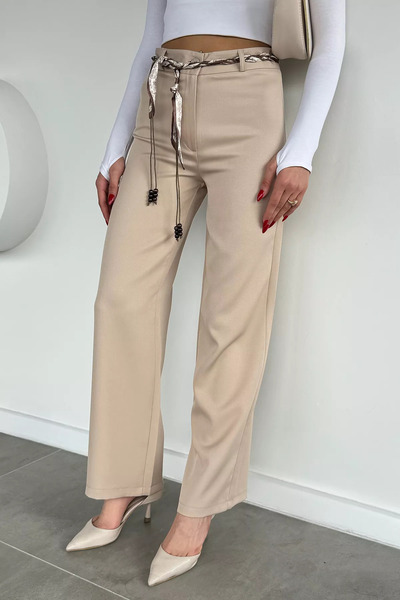Aryena Beige Women's Palazzo Trousers with Scarf Accessories