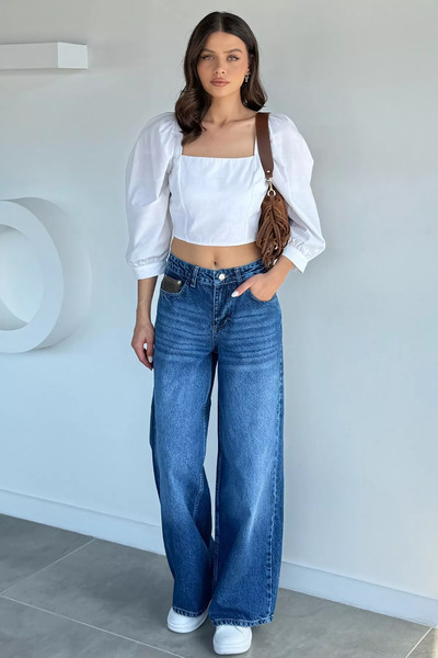 Aryena Blue Women's Loose Fit High Waist Jean Denim Trousers