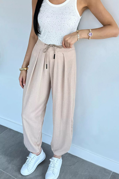 Aryena Beige Elastic Waist Shalwar Trousers
