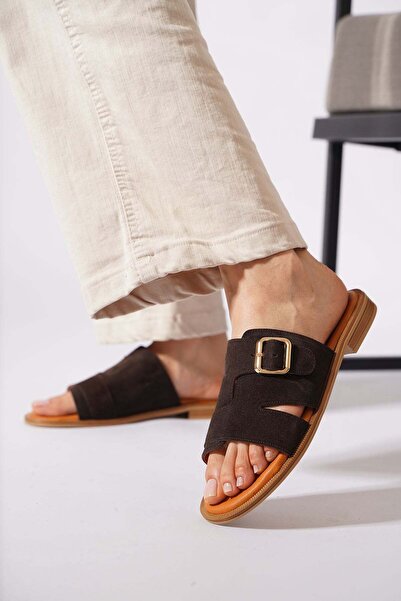 Moda Pie Kenlor Side Buckle Open Women's Genuine Leather Slippers Brown Suede