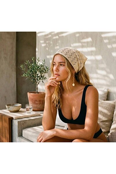 tuaipek Oasis Cream Knitted Women's Bandana Summer Hollow Out Knitwear Hair B...