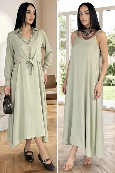 Aryena Mint Gülseli Women's Shirt and Combination Summer Satin Dress