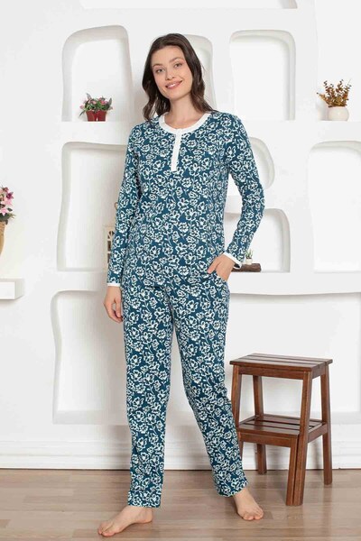 ALİMER Women's Flower Pattern Crew Neck 3 Button 100% Cotton Combed Thin Summ...