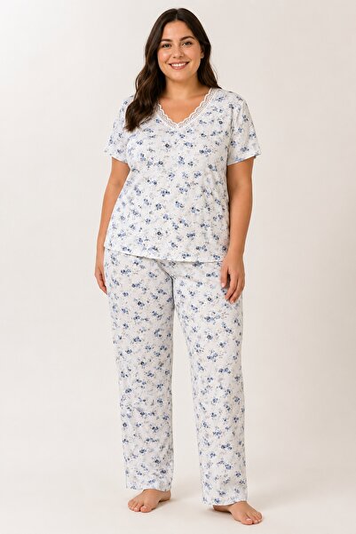 CottonVia Mother's Pajama Set, V-Neck, Lace, Short Sleeve, 100% Cotton, Witho...