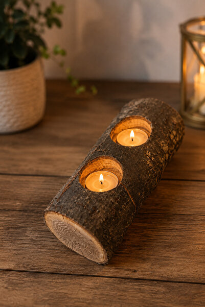 EastWest Trading El Yapımı Doğal Ahşap Kütük Mumluk 2'li Tealight Mumluk – De...