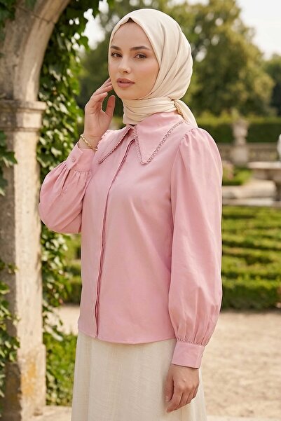 TOFİSA Collar Lace Detailed Short Shirt Powder - 28660-Pudra