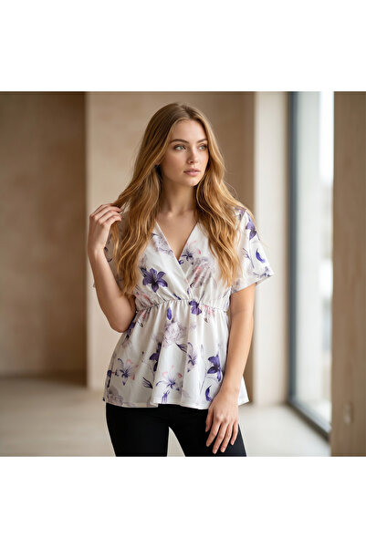 OEM Bluză de damă cu imprimeu floral, decolteu în V petrecut și talie elastic...